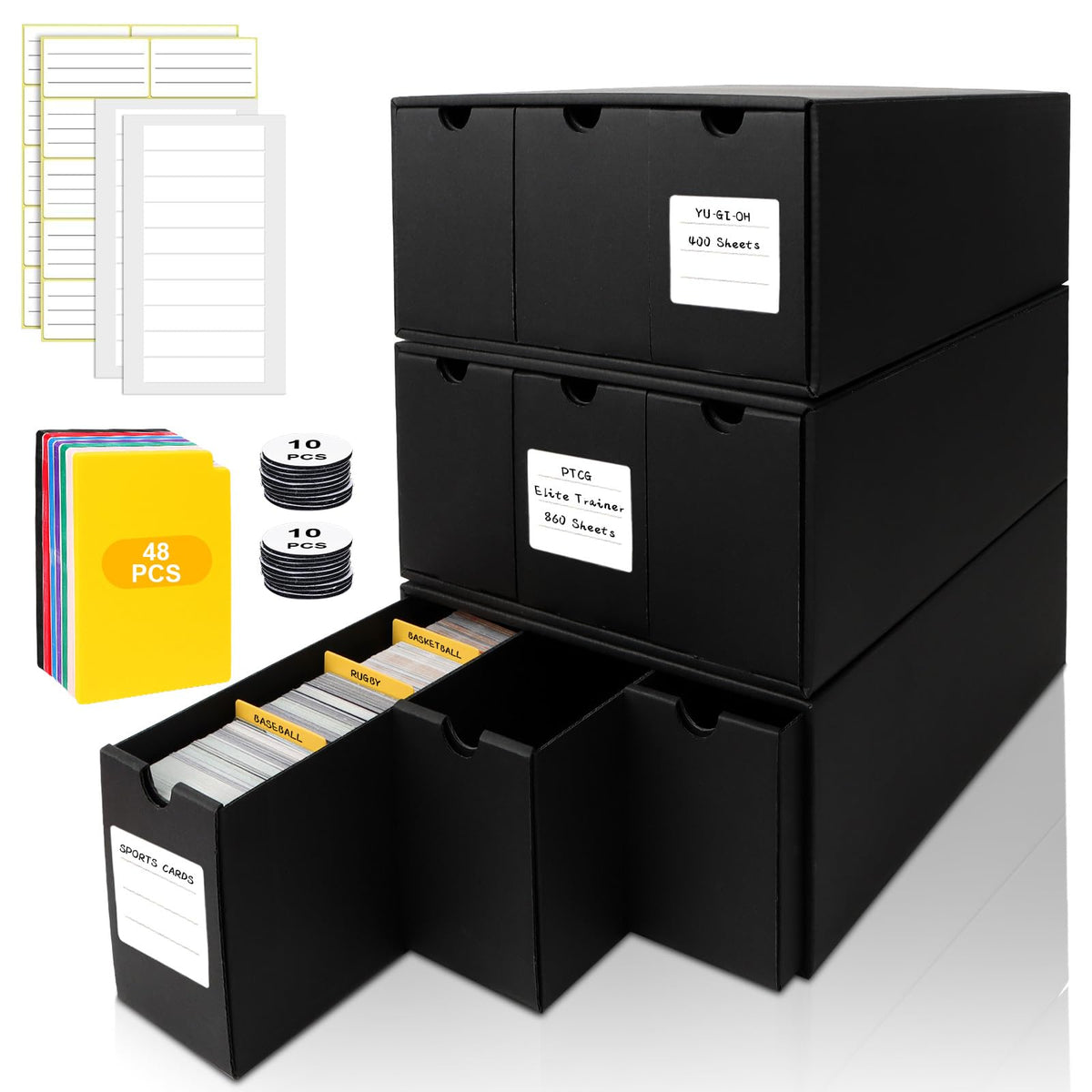 QLOUNI Trading Card Storage Box main view showing organized collection and easy access