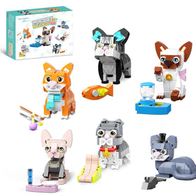 QLT QIAOLETONG 6pack mini cats building set, close-up, Lego-compatible play.