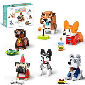 QLT QIAOLETONG 6-pack mini dogs building set front view, showcasing variety for imaginative play