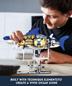 Cyberpunk-aquarium vibe of the Ideas Mechanical Shark Build Set for adults