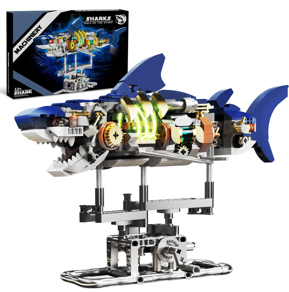 QLT QIAOLETONG Ideas Mechanical Shark Build Set on display stand for stylish shelf showcase