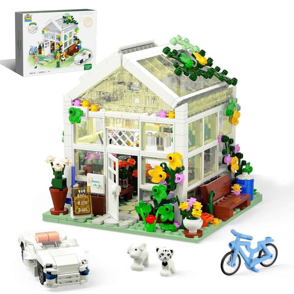 QLT QIAOLETONG white flowers house building set sparks imaginative play with vibrant bricks.