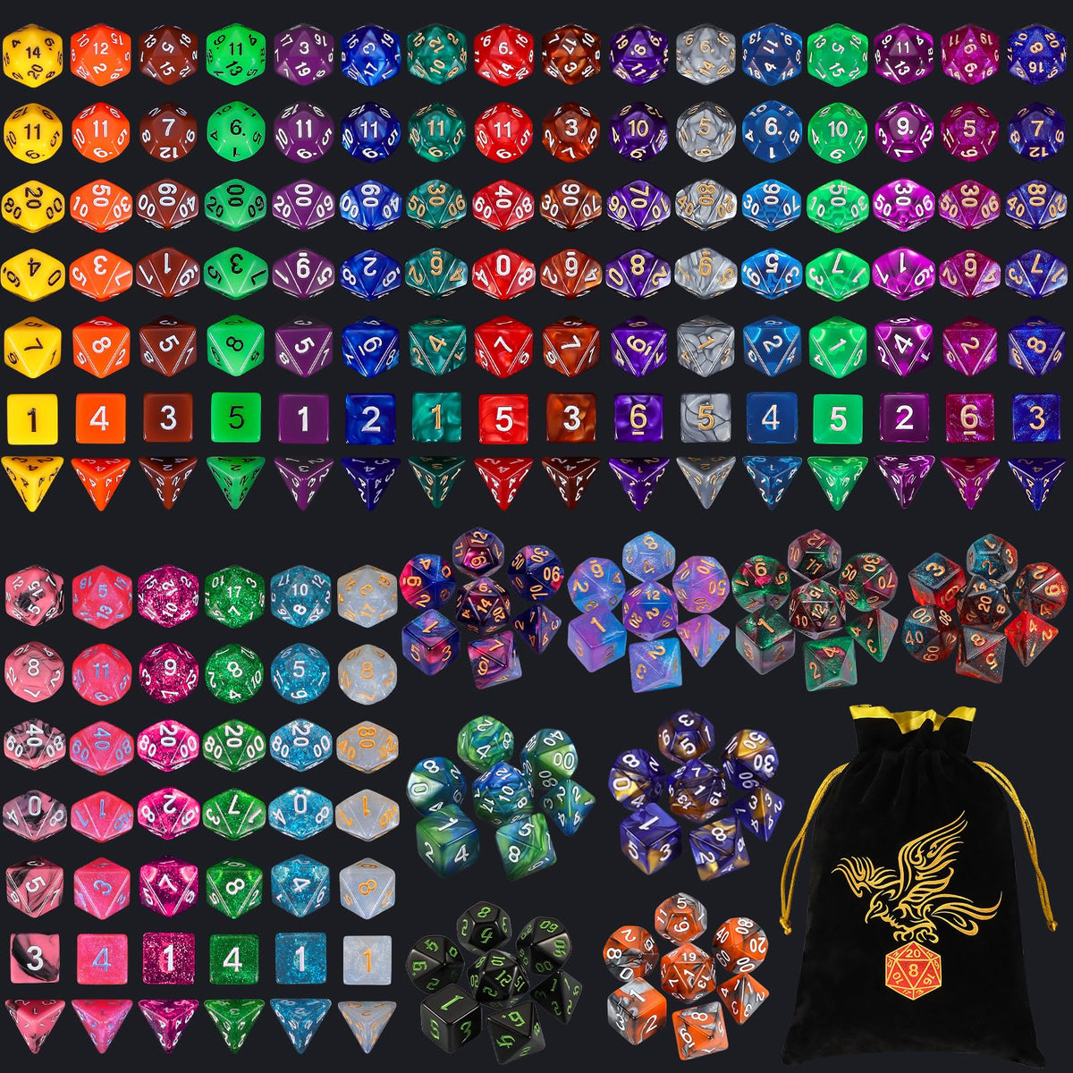 QMay polyhedral dice set in vibrant colors for tabletop RPGs