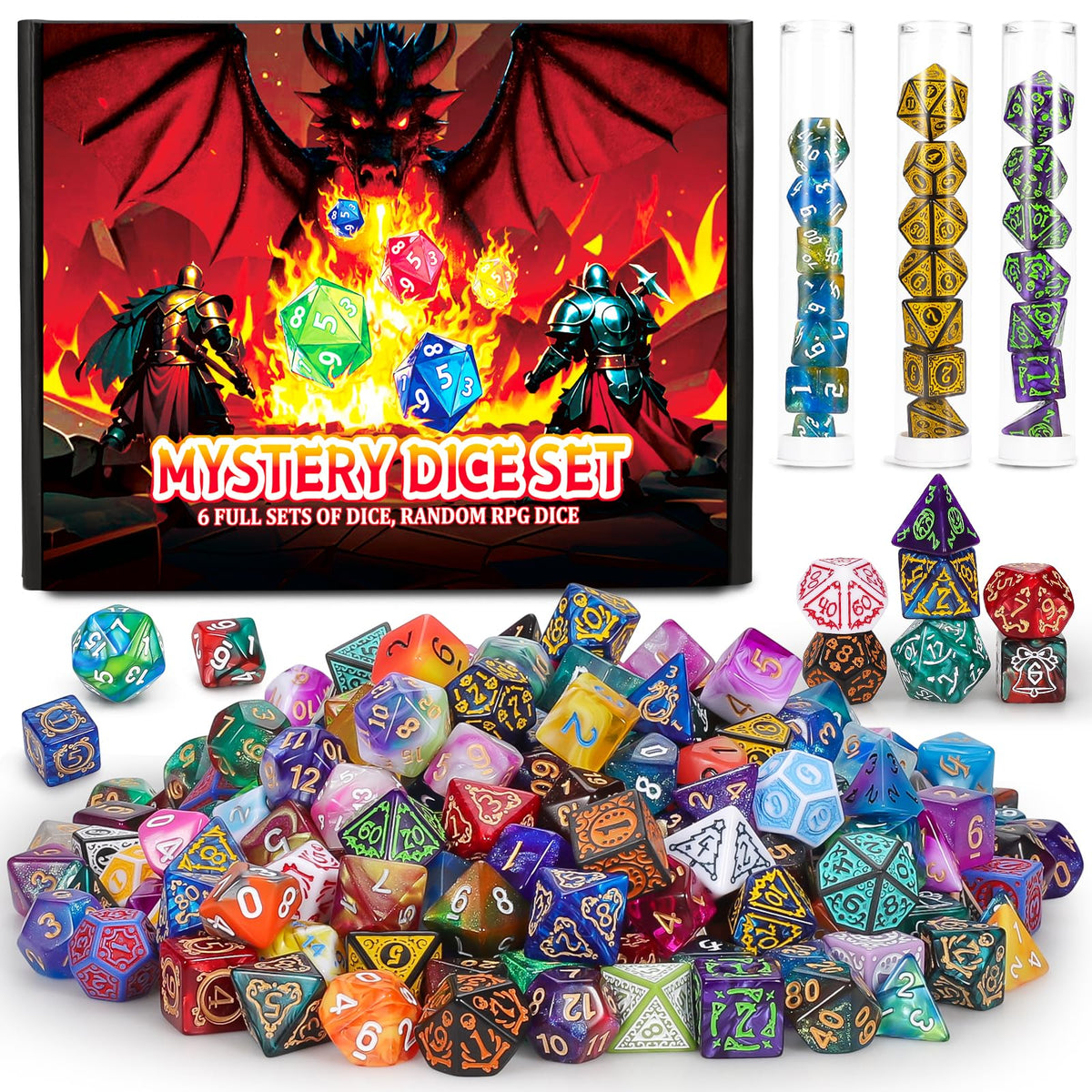 QMAY Mystery Dice Box with six surprise boxes showcasing varied polyhedral dice.
