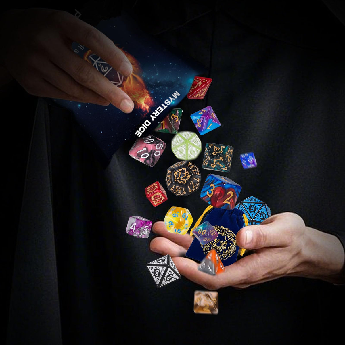 Colorful pattern designs on QMAY dice for an eye-catching table display.