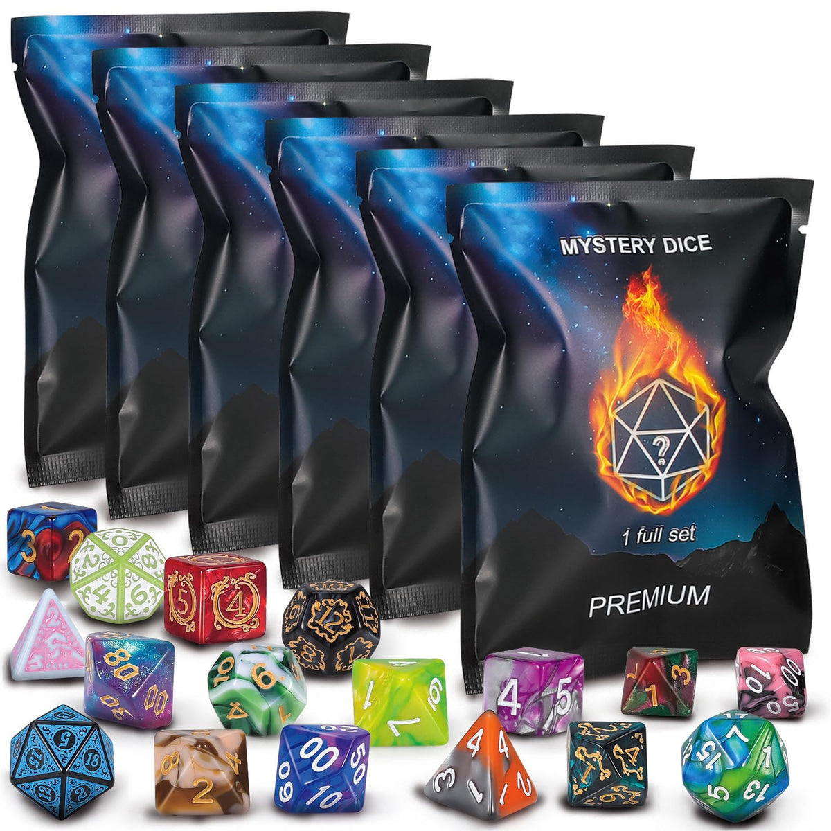 QMAY polyhedral dice 48pcs set in vibrant colors for RPG sessions.