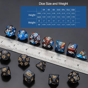 QMay polyhedral dice on a game table ready for play.