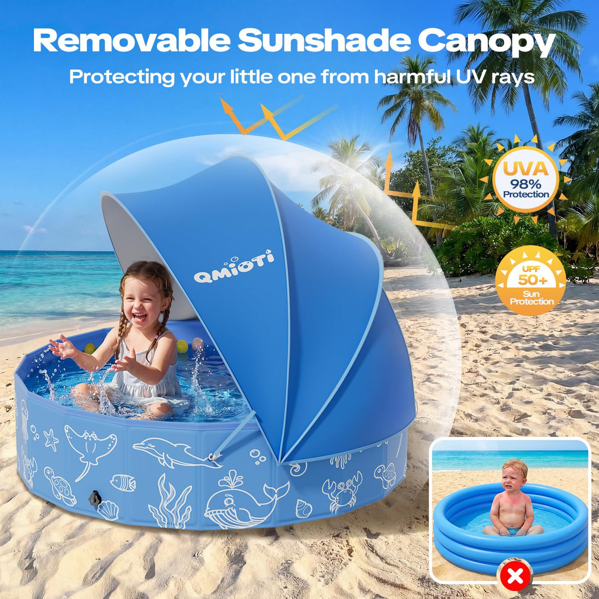 Qmioti 47in kids pool keeps children and pets cool under UPF 50+ shade.