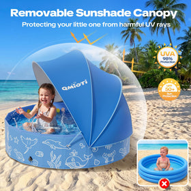 Qmioti 47in kids pool keeps children and pets cool under UPF 50+ shade.
