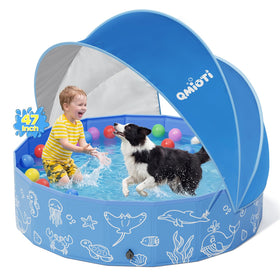 Qmioti foldable kiddie pool with canopy provides shaded outdoor play for kids.
