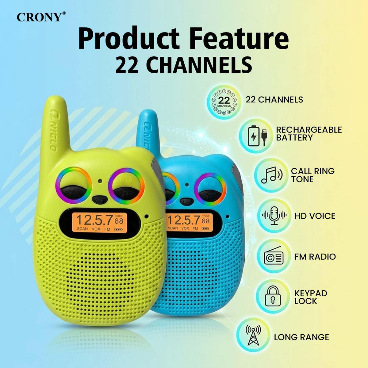 QNIGLO kids walkie talkies showing 22 channels for flexible communication