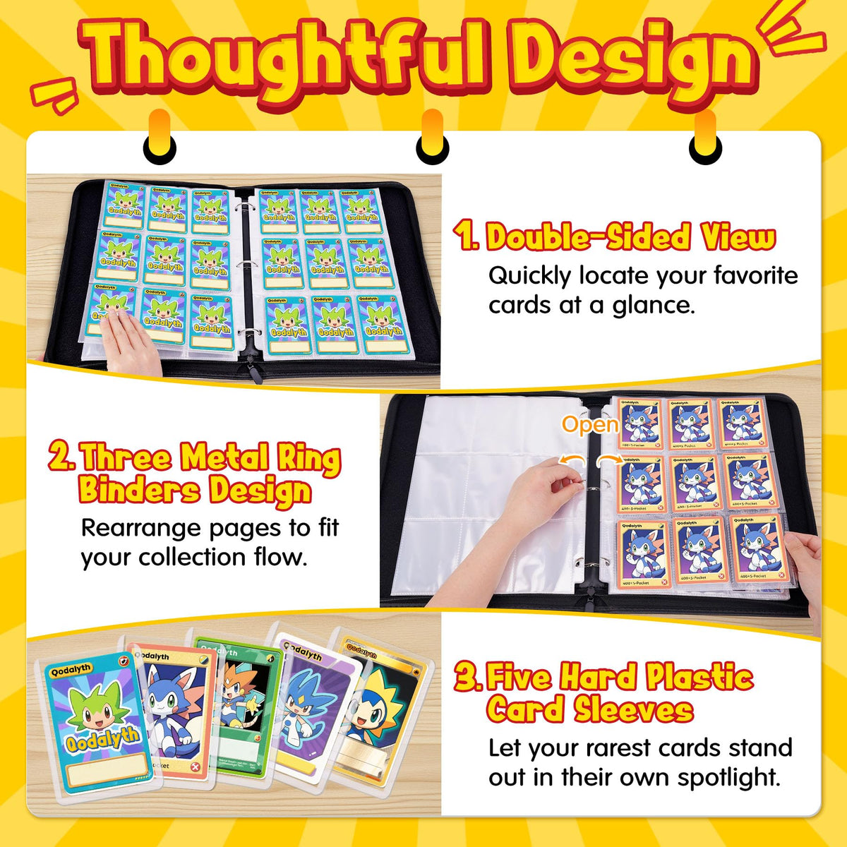 Qodalyth double-sided display highlights prized cards at a glance.