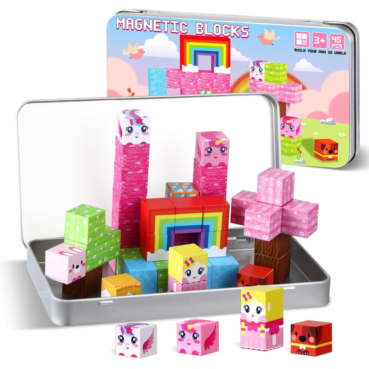 QOUBAI 45-piece magnetic blocks unicorn rainbow design for portable travel play