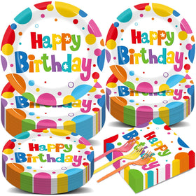 QOUBAI 9-inch birthday plates with bright Happy Birthday print for festive gatherings.