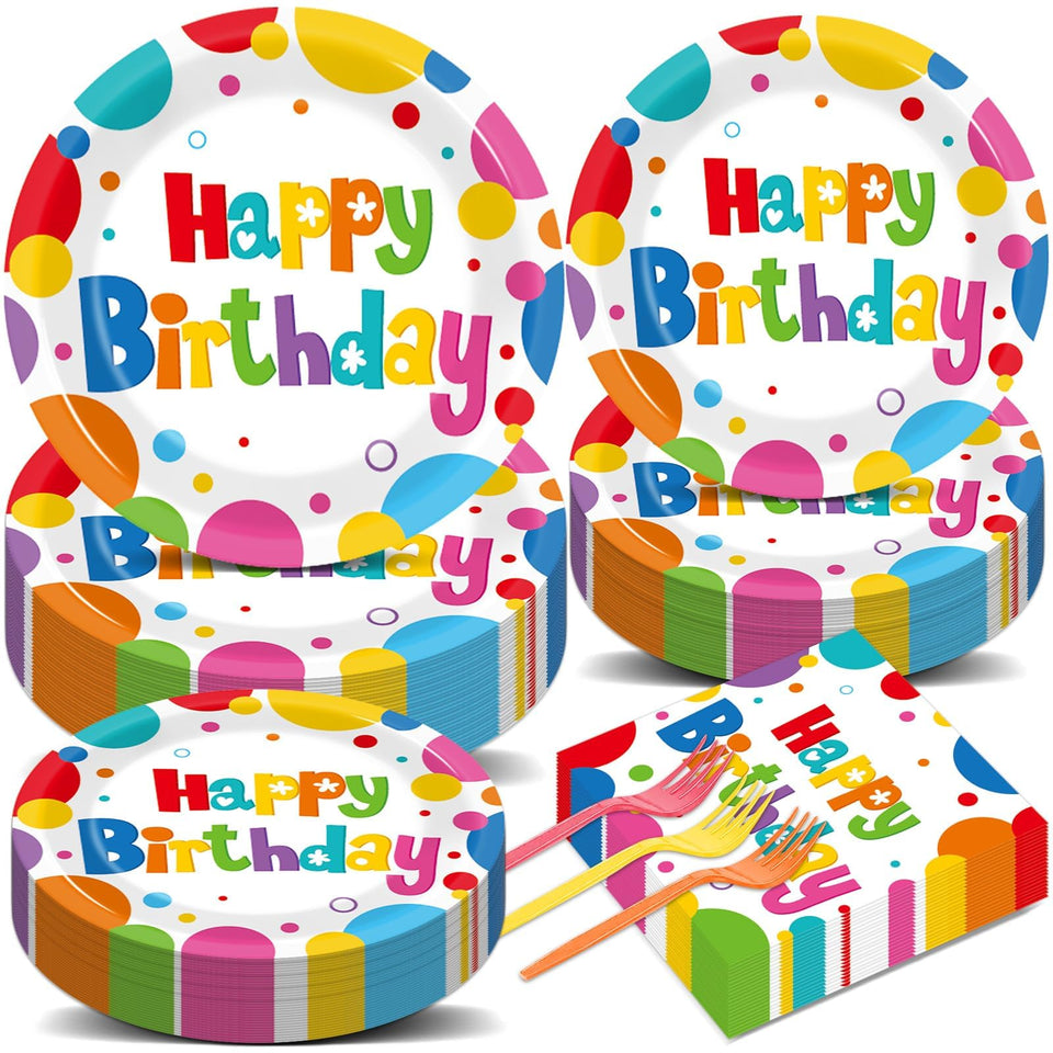 QOUBAI 9-inch birthday plates with bright Happy Birthday print for festive gatherings.