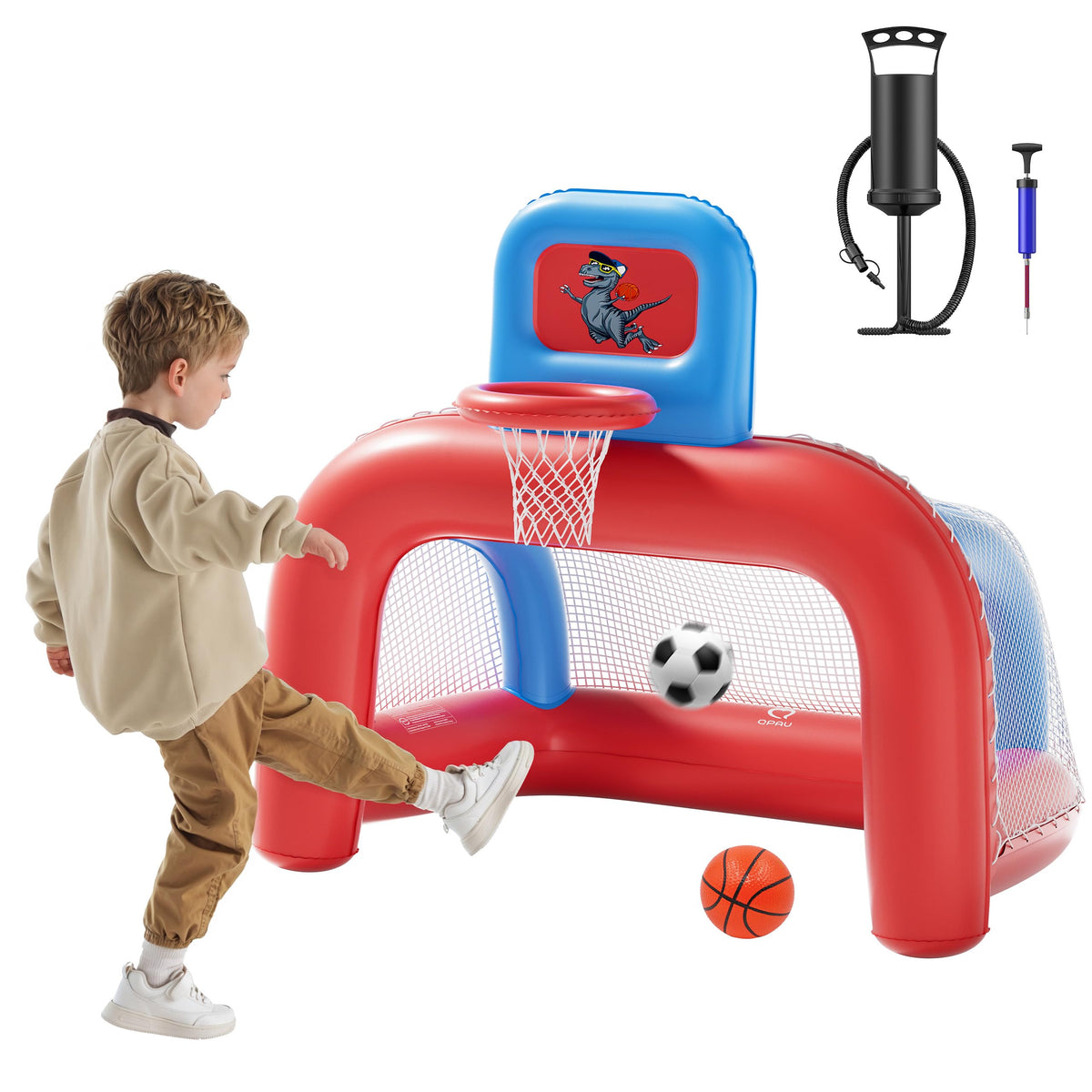 QPAU 2-in-1 inflatable toddler hoop and goal set for indoor and outdoor play.