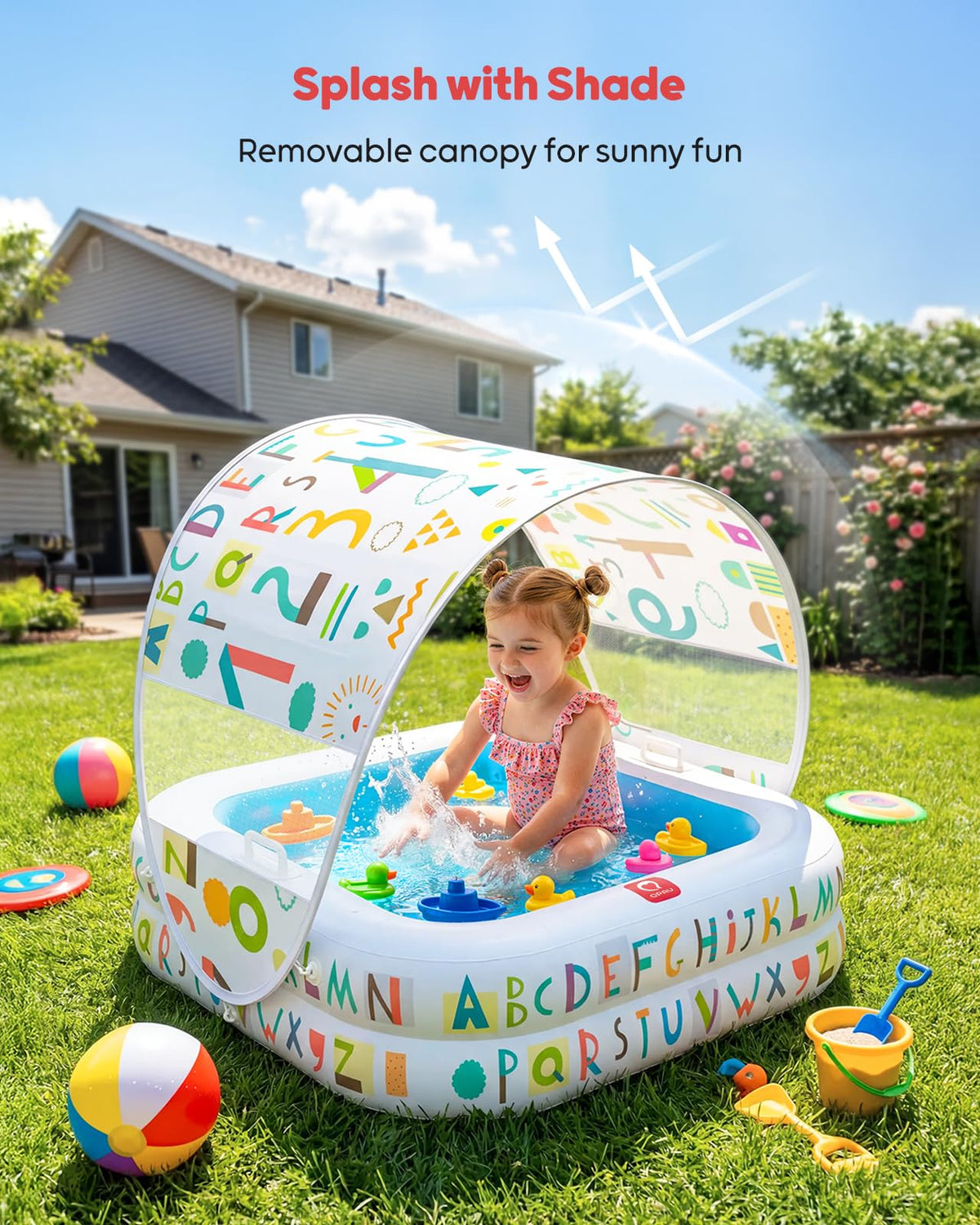 QPAU pool with soft padded bottom for comfy splashes.
