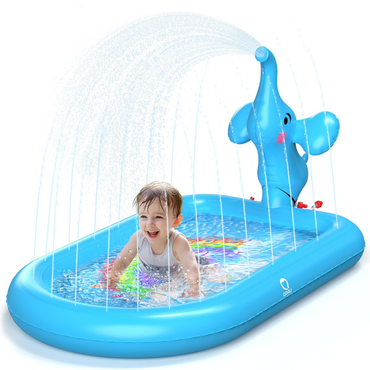 QPAU blue elephant splash pad pool for toddlers supports safe outdoor water play