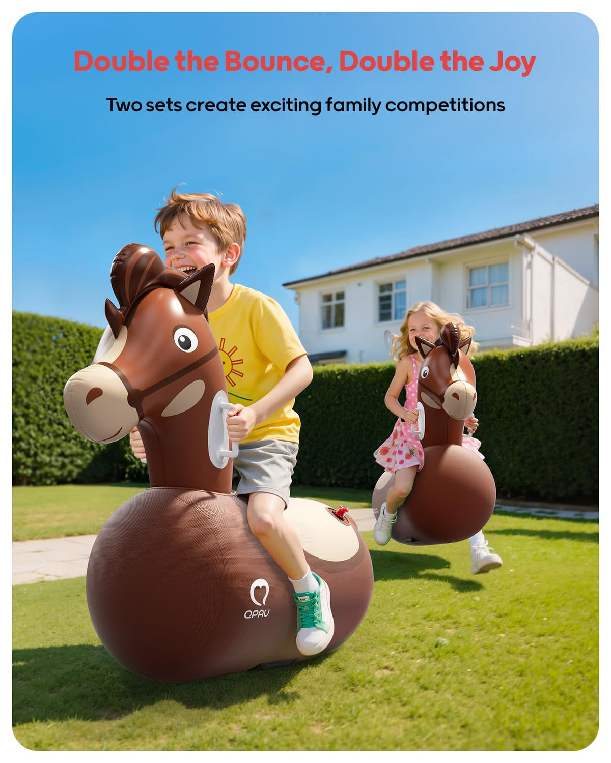 QPAU bouncy horse with two hoppers encouraging social play and laughter.