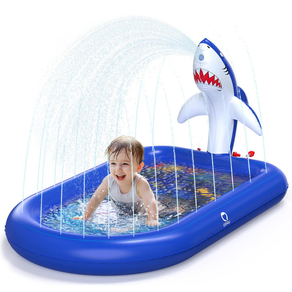 QPAU dark blue shark splash pad for toddlers offering safe outdoor play.