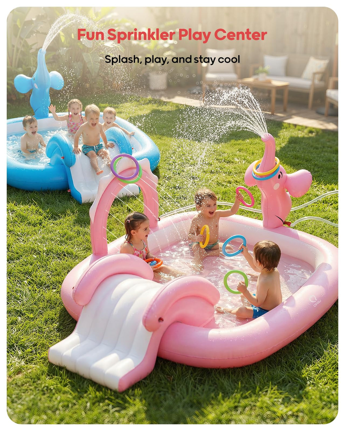 QPAU Elephant pool sprinkler mist cools kids on hot days