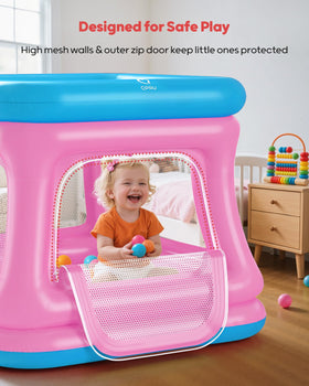 QPAU bounce house set up indoors or outdoors on various surfaces