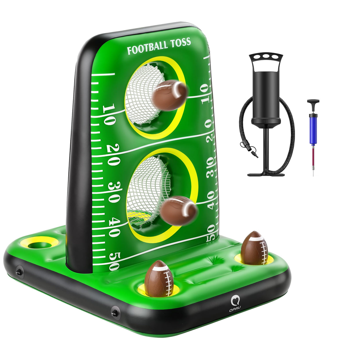 QPAU inflatable football toss pool setup for energetic backyard pool parties.