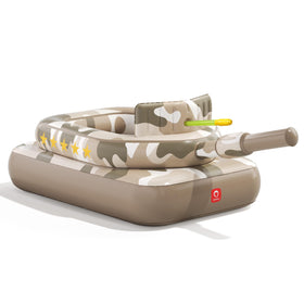 QPAU inflatable tank pool float in camouflage design for adults and kids.