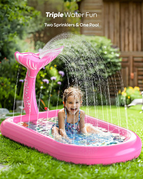 QPAU Mermaid tail sprinkler spraying water across the pool.