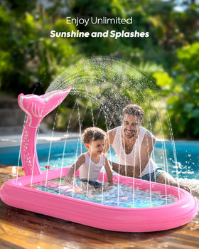 QPAU Pink mermaid play mat beside a splashy pool.