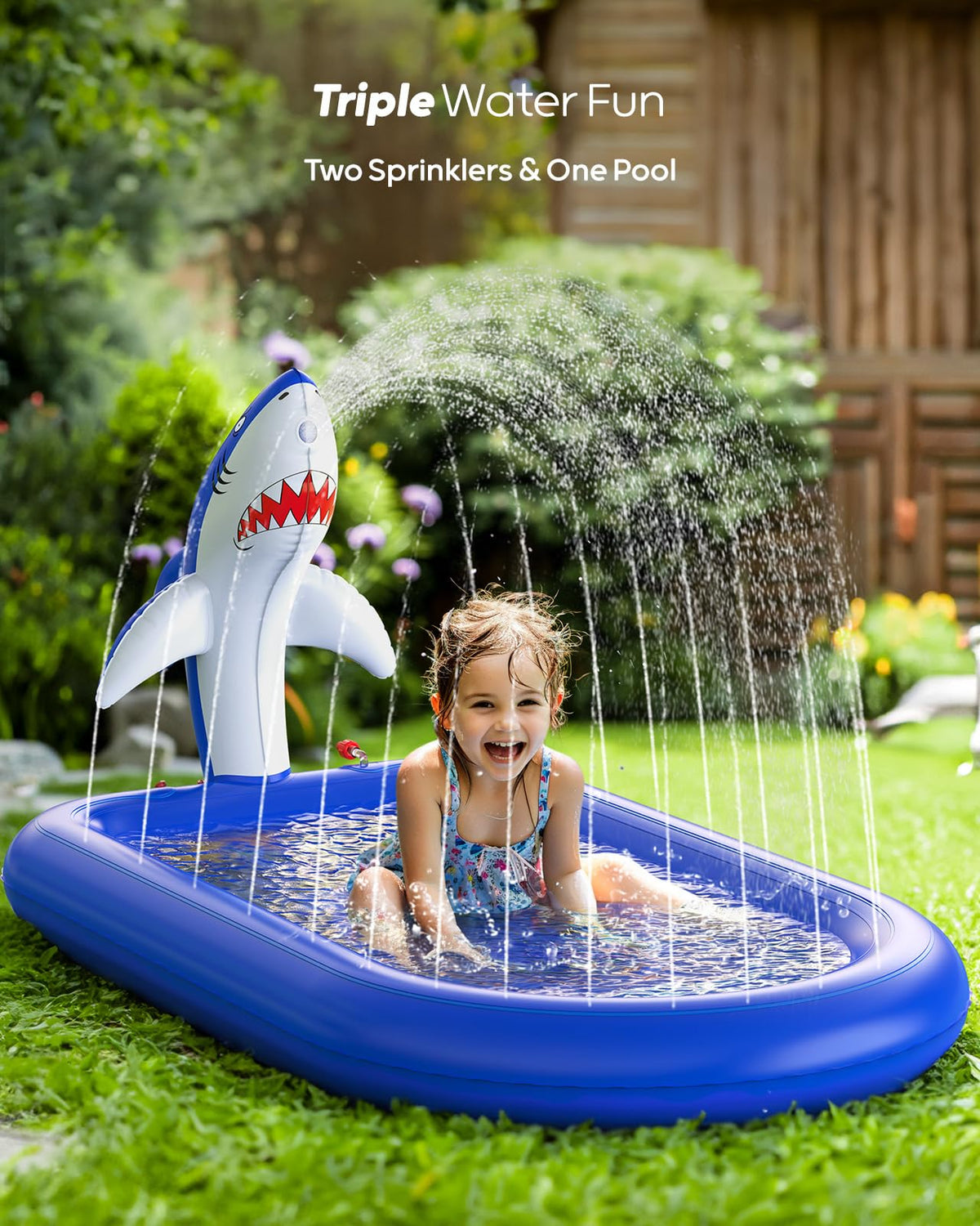 QPAU shark tail water spout creates extended spray for group play.