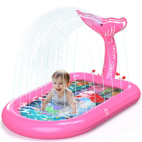 QPAU Splash Pad with pink mermaid design for safe outdoor toddler play.