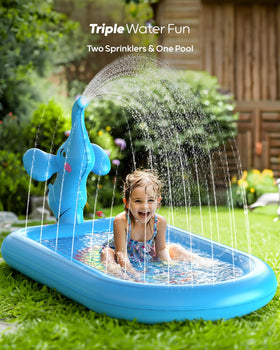 QPAU blue elephant splash pad showing hose hookup and edge spray