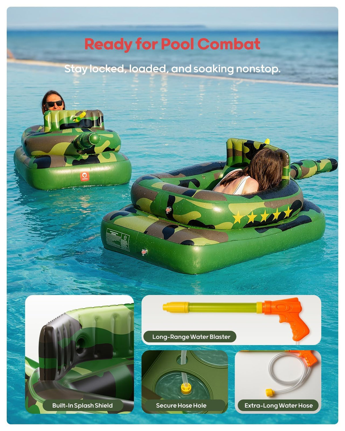 QPAU bucket-style water cannon draws pool water via hose.