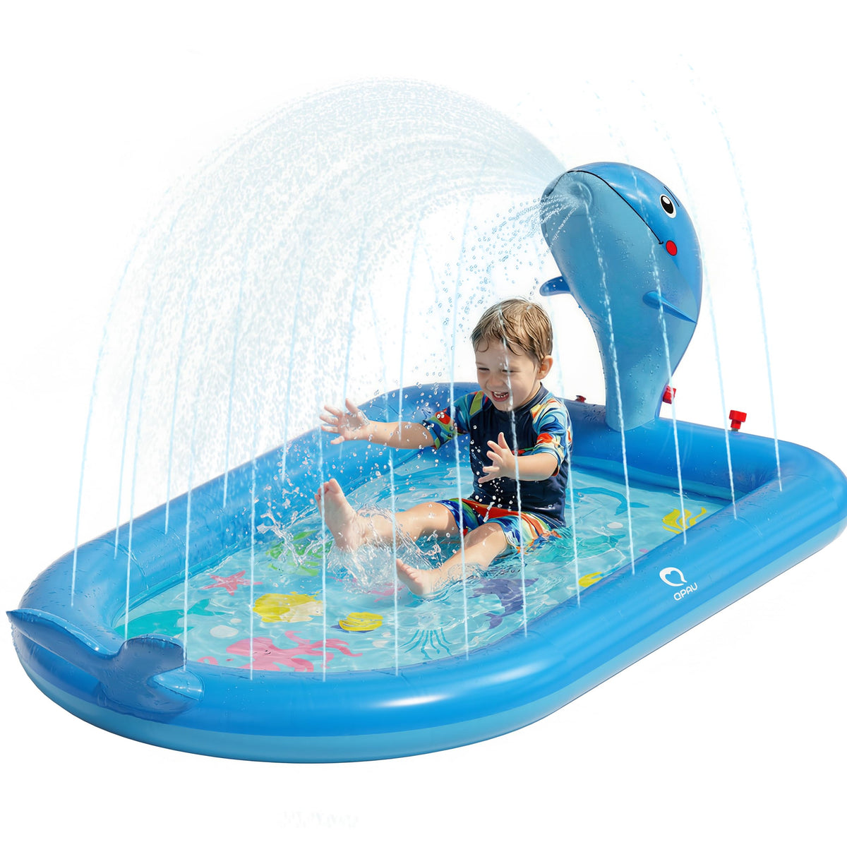 QPAU whale splash pool with 65x40 inch footprint for spacious toddler play