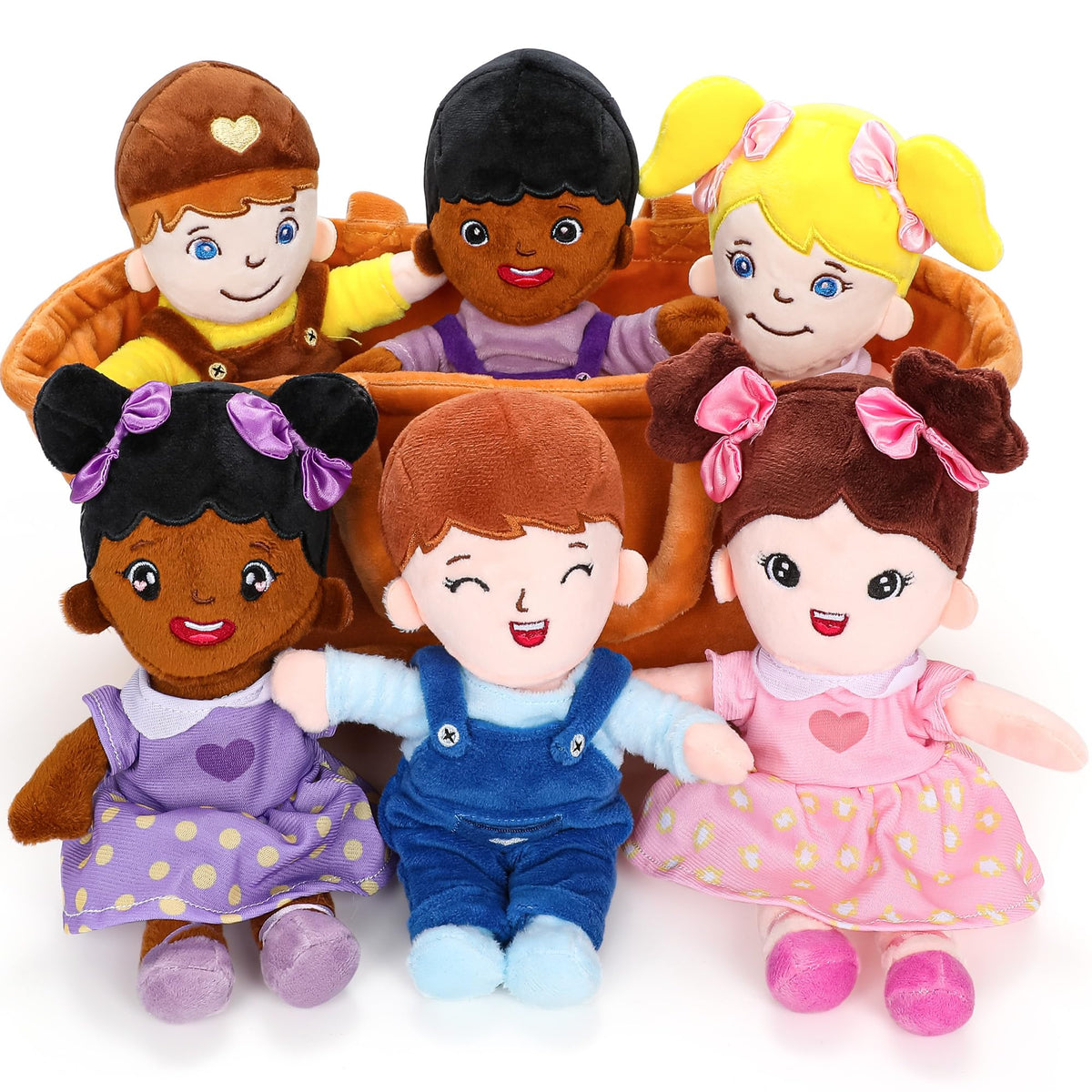 Qpewep Basket of Baby Plush Dolls 8-inch collection with soft textures for comforting play.