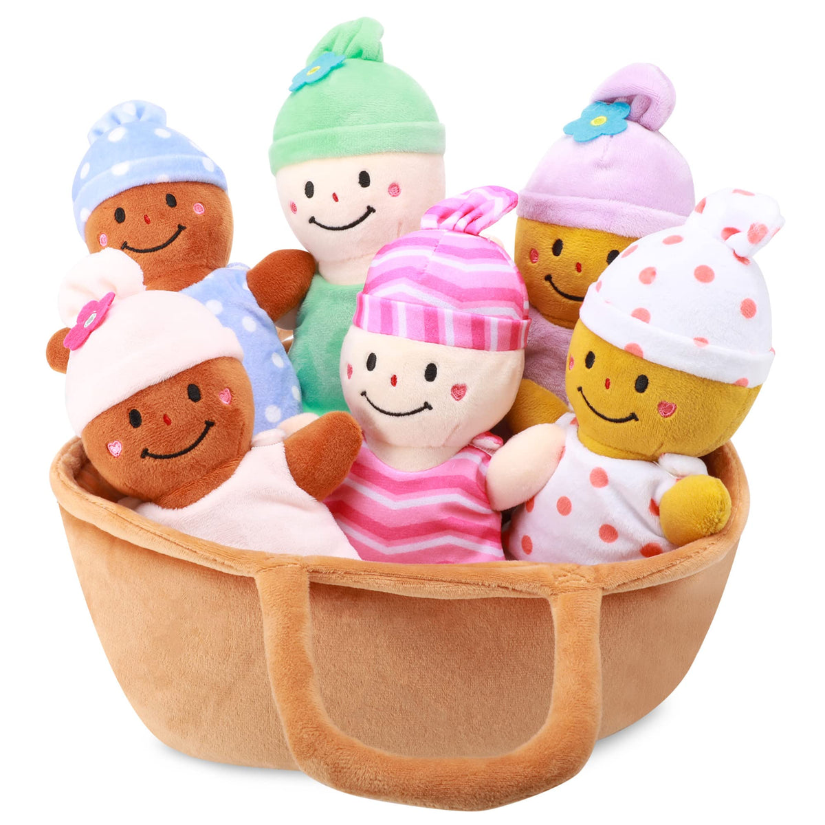 Qpewep basket plush baby dolls in a cozy basket for on-the-go play.
