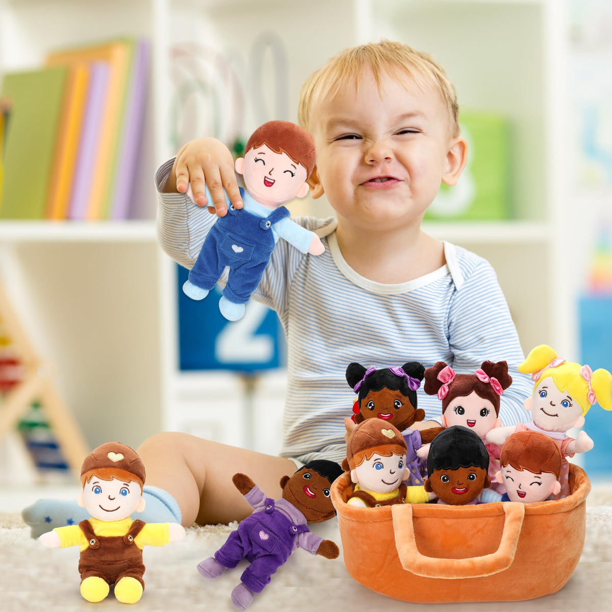 Qpewep plush basket storage showcases soft fabric and easy storage after playtime.