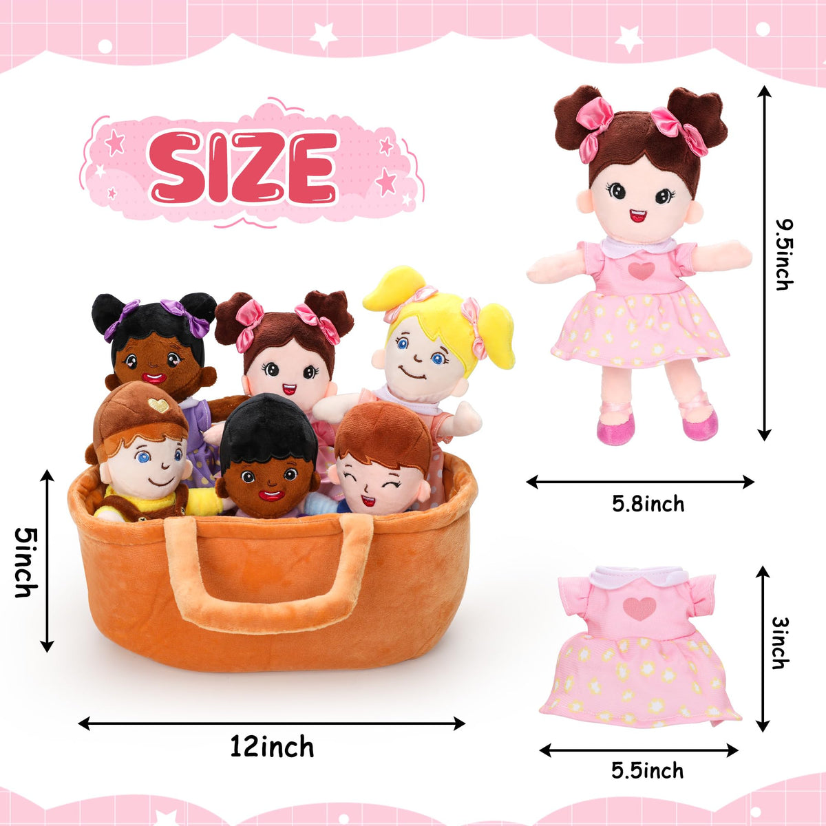 Qpewep six-piece diverse dolls showcase detachable dresses for hands-on dressing and fine motor play.