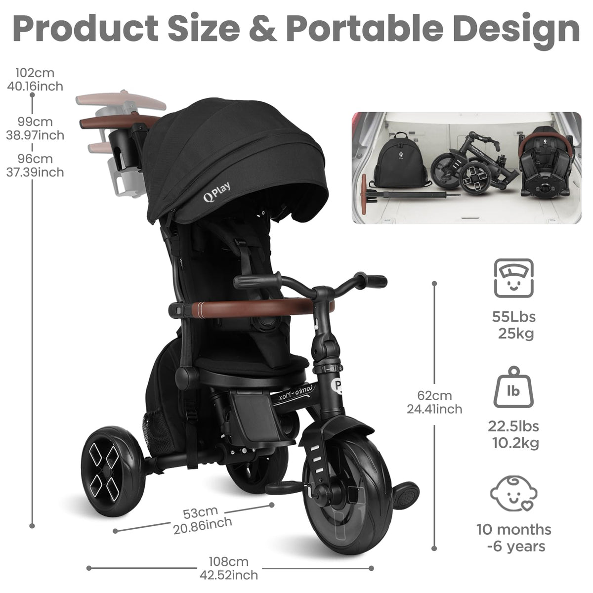 QPlay stroller bike detachable backpack stores toys and snacks.