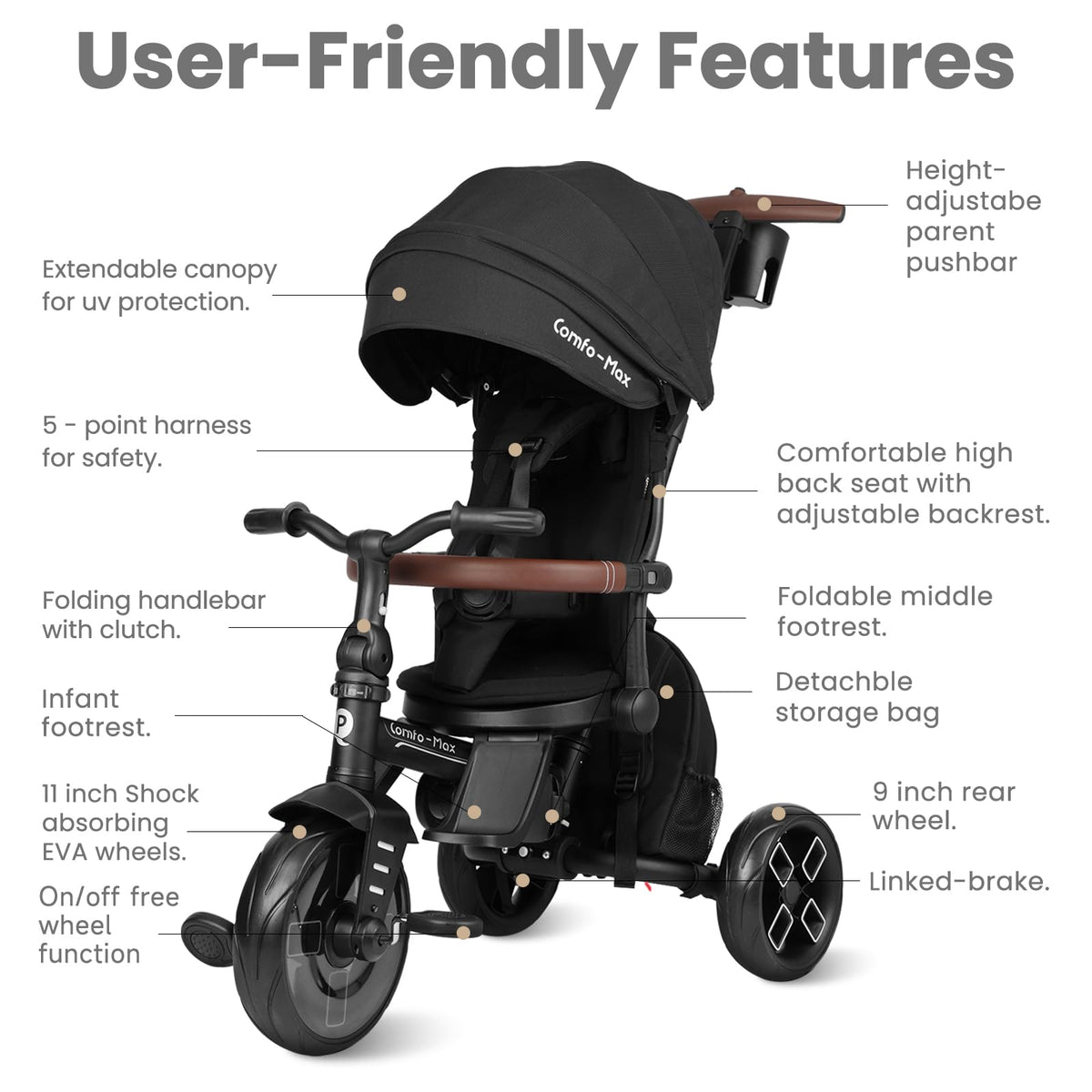 QPlay stroller bike EVA wheels provide smooth rides on diverse surfaces.