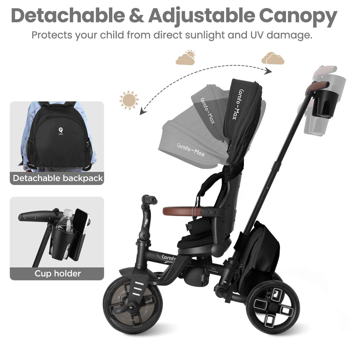 QPlay stroller bike triple pedals with five-point harness for added security.