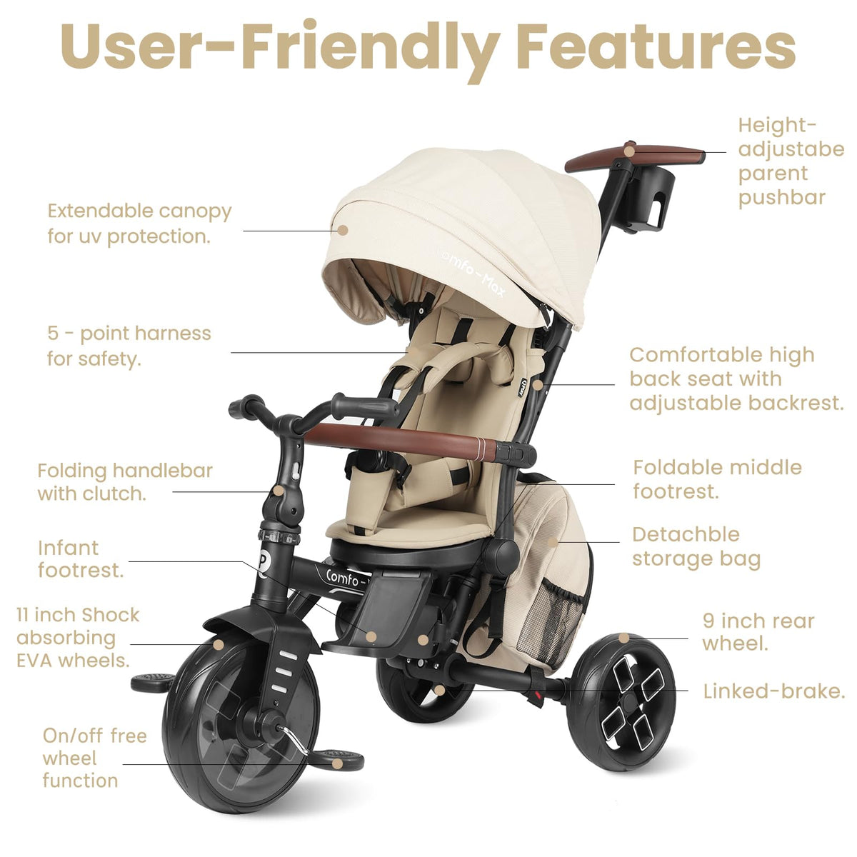 QPlay Toddler Bike Stroller detachable backpack stores snacks and toys