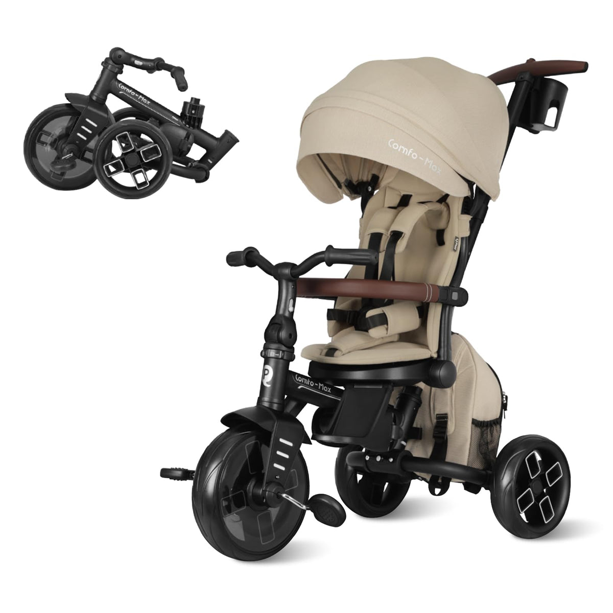 QPlay Toddler Bike Stroller folded for compact storage and travel