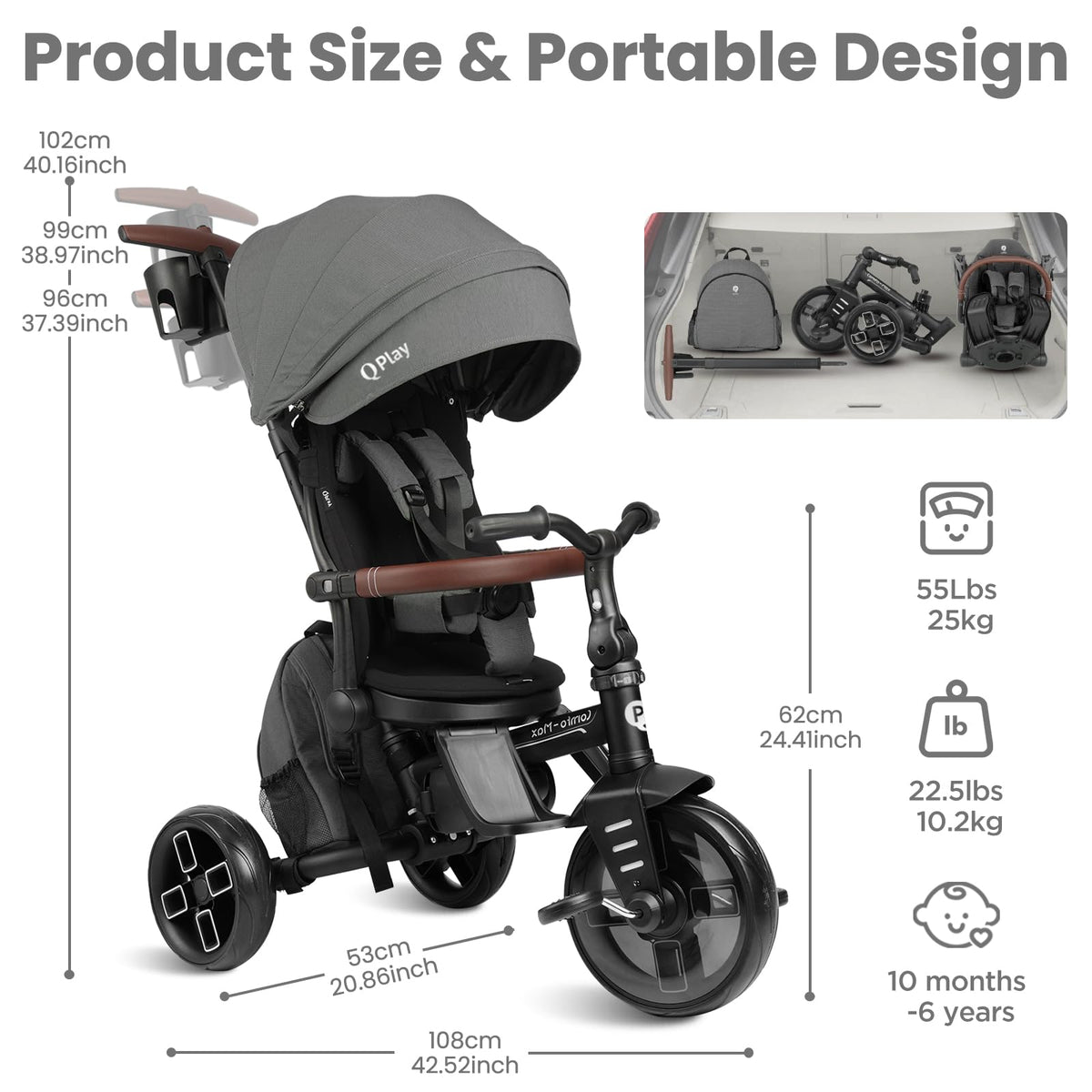 QPlay all-terrain EVA wheels ensure smooth rides on various surfaces.