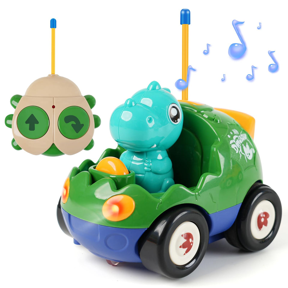QPOU Dino RC car with lights and music boosts immersive play for toddlers.