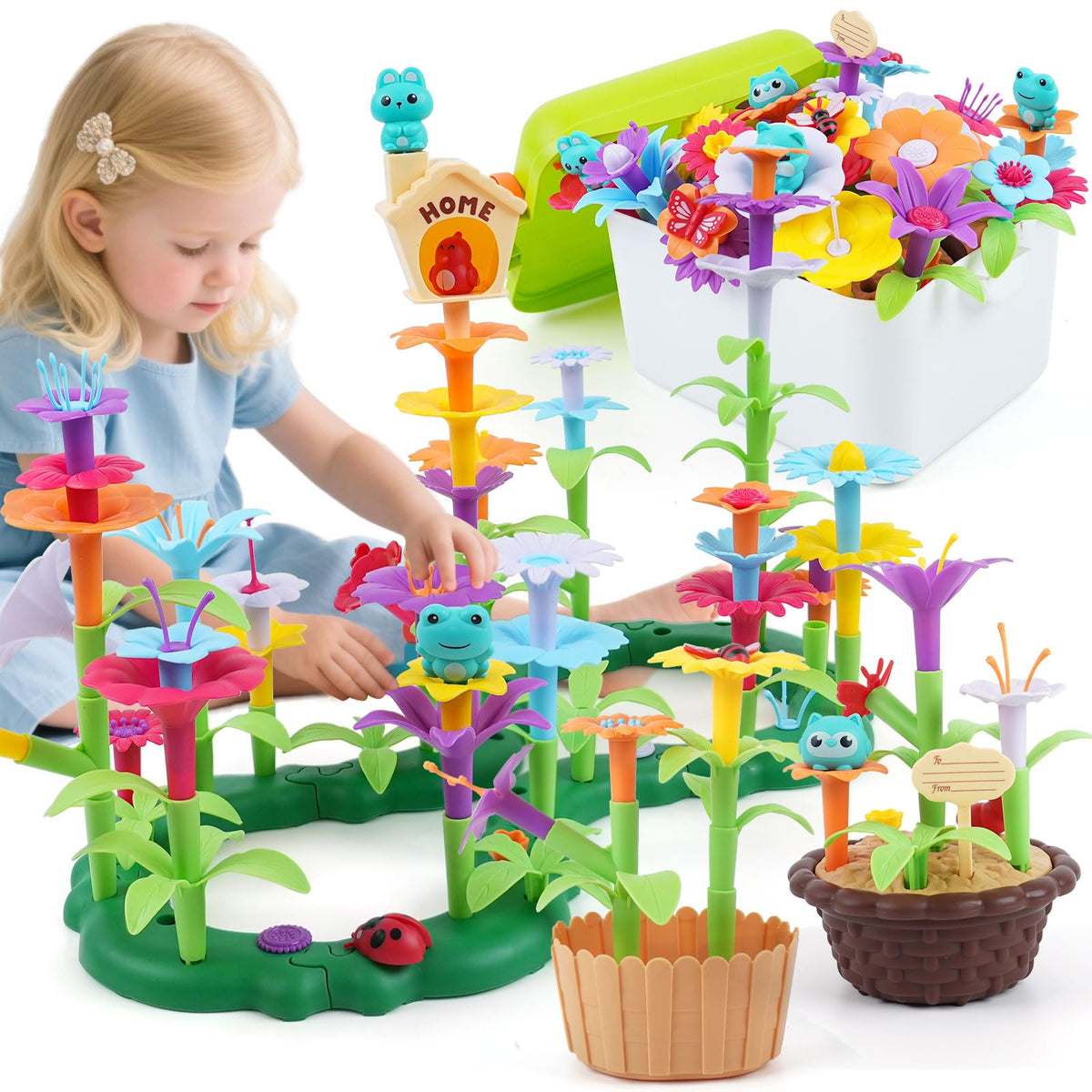 QPOU flower garden set with vibrant flowers promotes imaginative play and fine motor skills.