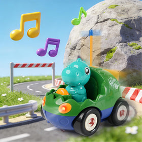 QPOU remote-control dino held by small hands enables easy forward and backward moves.