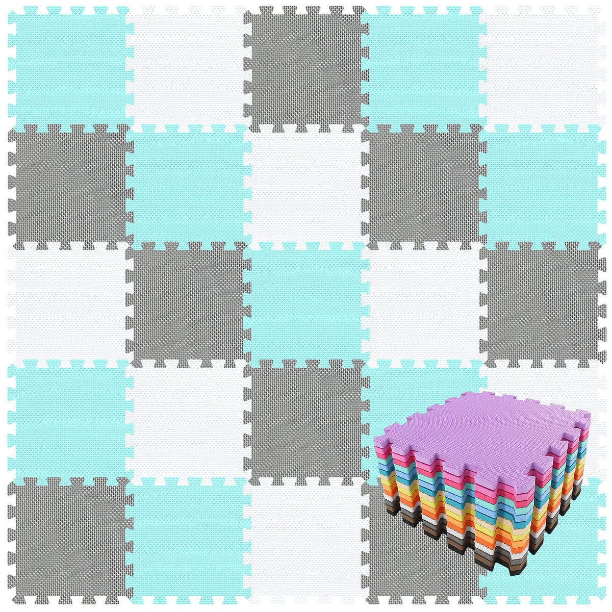 QQPP EVA 18 tile interlocking mat in white green gray creates a colorful, safe play space