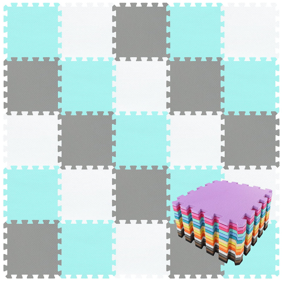 QQPP EVA 18 tile interlocking mat in white green gray creates a colorful, safe play space